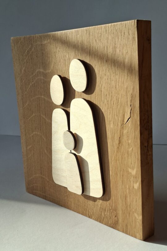 3D houten familiefoto, familieportret op eikenhouten blok